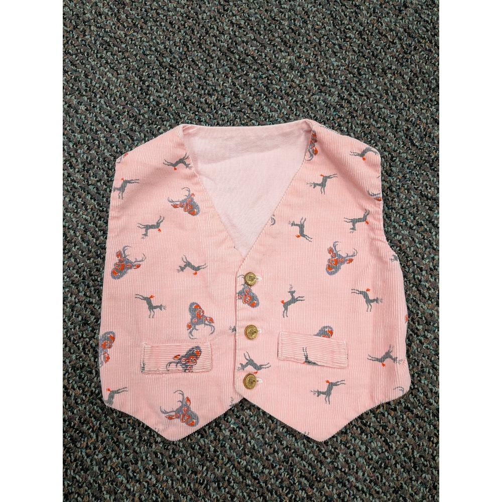 Pink Corduroy Reindeer Print Vest Kids Gold Button Waistcoat Festive Holiday